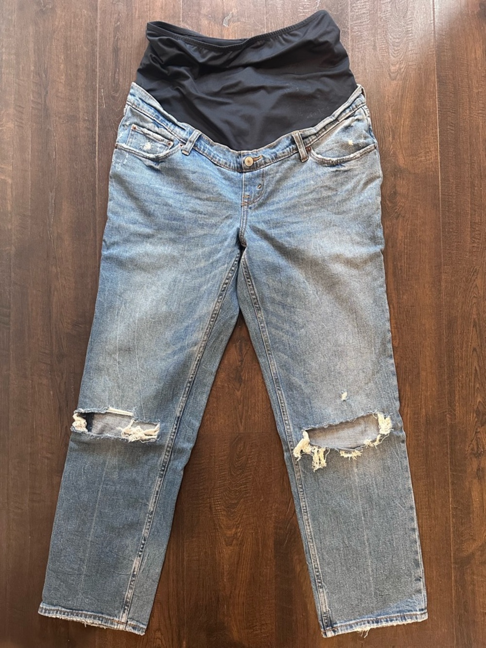 Maternity Distressed Blue Jeans with Black Waist Panel